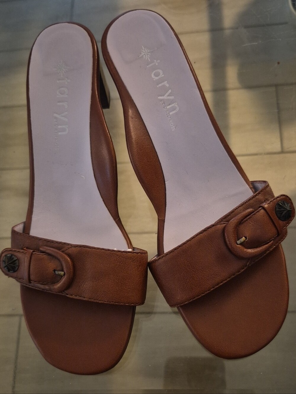 Taryn Rose Brown Leather Slide Sandals With Stacked Heel